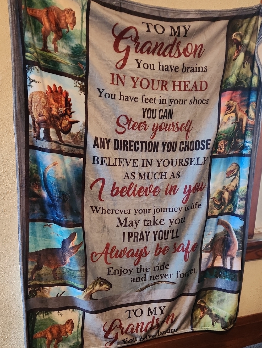 Grandson Inspirational Dinosaur Throw Blanket - Gray, Blue, Green